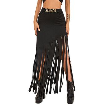 Women Asymmetrical Fringe Midi Skirt Gold Chain Belt High Waisted Party Skirt