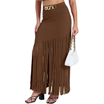 Women Asymmetrical Fringe Midi Skirt Gold Chain Belt High Waisted Party Skirt