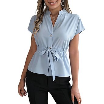 Women's Cap Sleeve Peplum Blouse V Neck Button Down Tie Waist Shirt Casual Ruffle Hem Casual Top