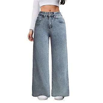 Women Pink Bow Embroidery Wide Leg Jeans Baggy Denim Pants with Pockets Casual Streetwear Trousers