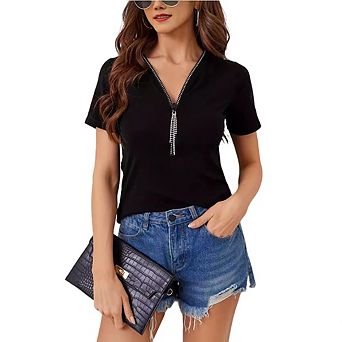 Women Short Sleeve V-Neck T-Shirt Rhinestone Half-Zip Casual Slim Fit Blouse