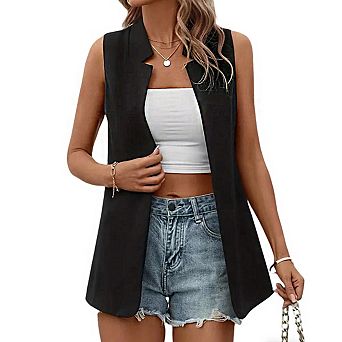 Women's Sleeveless Open Front Lapel Curved Hem Casual Business Blazer Vest