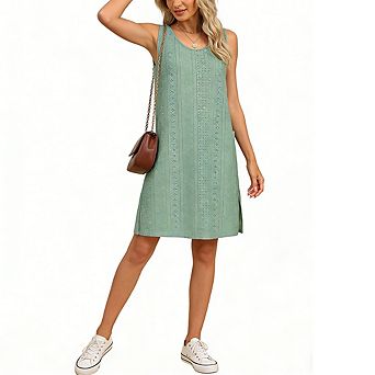 Women's Eyelet Sleeveless Shift Dress Scoop Neck Side Slit Casual Mini Dress