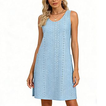 Women's Eyelet Sleeveless Shift Dress Scoop Neck Side Slit Casual Mini Dress