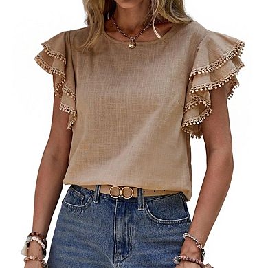 Women's Round Neck Short Sleeve Pom Pom Trim Tiered Ruffle Cuff Back Button Tops