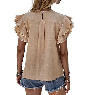 Women's Round Neck Short Sleeve Pom Pom Trim Tiered Ruffle Cuff Back Button Tops