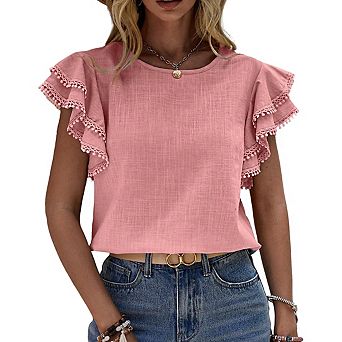 Women's Round Neck Short Sleeve Pom Pom Trim Tiered Ruffle Cuff Back Button Tops
