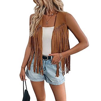 Women's Open Front Fringe Vest Faux Suede Sleeveless Casual Top