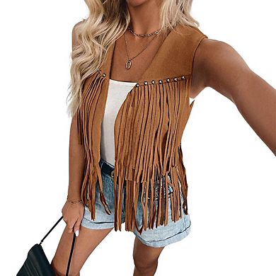 Women's Open Front Fringe Vest Faux Suede Sleeveless Casual Top