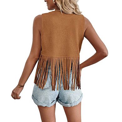 Women's Open Front Fringe Vest Faux Suede Sleeveless Casual Top