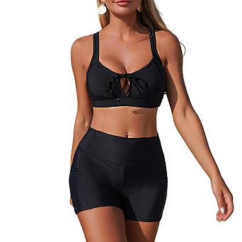 Women's Two Piece Swimsuit with Crisscross Back Bralette Top and High Rise Short Bottoms Bikini