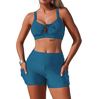 Women's Two Piece Swimsuit with Crisscross Back Bralette Top and High Rise Short Bottoms Bikini