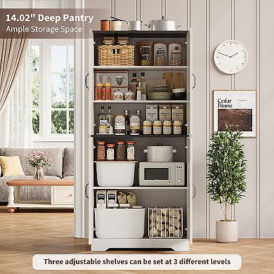 69" Farmhouse Kitchen Pantry Cabinet with 4 Doors, Adjustable Shelves for Dining Room, Living Room
