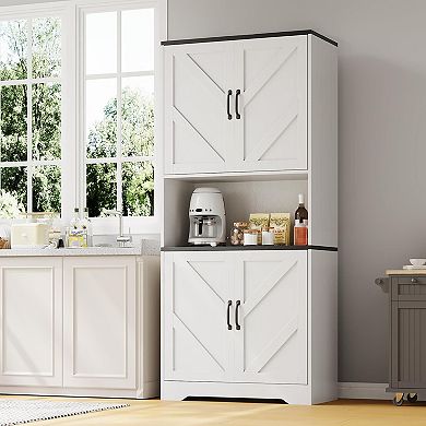 69" Farmhouse Kitchen Pantry Cabinet with 4 Doors, Adjustable Shelves for Dining Room, Living Room
