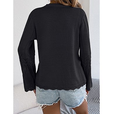 Women's Open Knit Cardigan with Tie Front V Neck Bell Sleeves Scalloped Hem Top