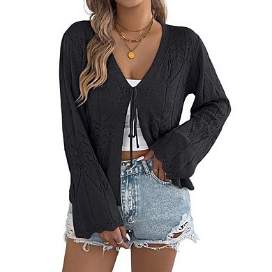 Women's Open Knit Cardigan with Tie Front V Neck Bell Sleeves Scalloped Hem Top