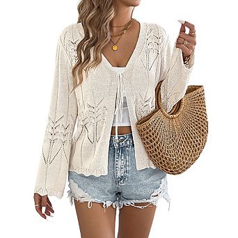 Women's Open Knit Cardigan with Tie Front V Neck Bell Sleeves Scalloped Hem Top