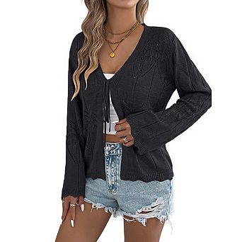 Women's Open Knit Cardigan with Tie Front V Neck Bell Sleeves Scalloped Hem Top