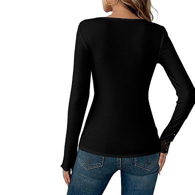 Womens V Neck Long Sleeve Ribbed Top Lace Casual Shirts