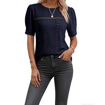 Women's Eyelet Embroidered Blouse Puff Sleeve Round Neck Casual Top