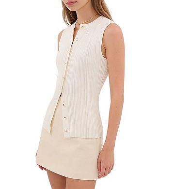 Women's Ribbed Knit Sleeveless Fitted Top with Mock Neck Button Placket