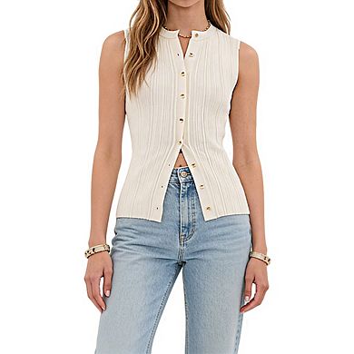 Women's Ribbed Knit Sleeveless Fitted Top with Mock Neck Button Placket