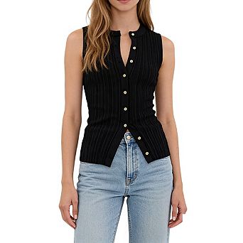 Women's Ribbed Knit Sleeveless Fitted Top with Mock Neck Button Placket