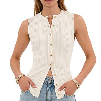 Women's Ribbed Knit Sleeveless Fitted Top with Mock Neck Button Placket