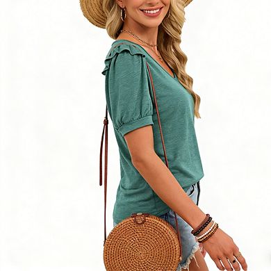 Women's Puff Sleeve Scoop Neck T-Shirt Ruffled Trim Casual Top