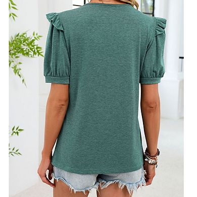 Women's Puff Sleeve Scoop Neck T-Shirt Ruffled Trim Casual Top