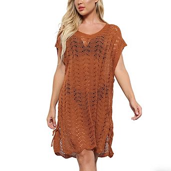 Women Crochet Swimsuit Cover Up Hollow Out Knit Beach Dress with Side Tie