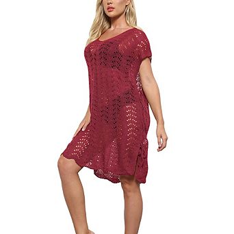 Women Crochet Swimsuit Cover Up Hollow Out Knit Beach Dress with Side Tie