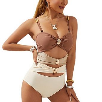 Women Color Block One Piece Swimsuit Gold Accents Cutout Ruched Bathing Suit