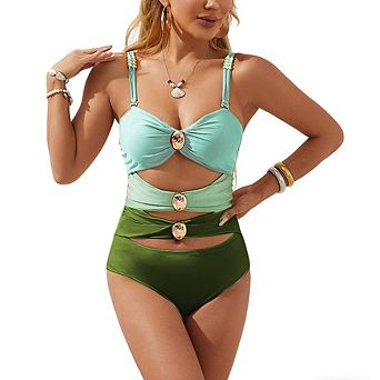 Women Color Block One Piece Swimsuit Gold Accents Cutout Ruched Bathing Suit