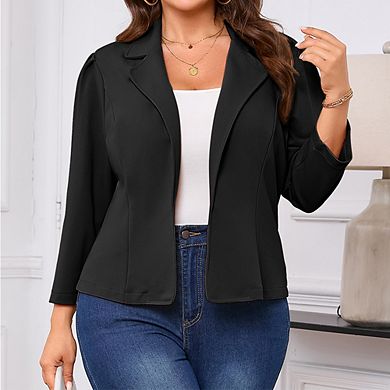 Women's Plus Size Open Front Blazer 3/4 Sleeve Notched Lapel Office Jacket
