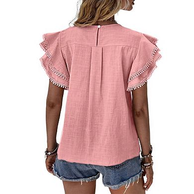 Women's Short Sleeve Blouse with Pom Pom Trim Tiered Ruffle Sleeves Shirts