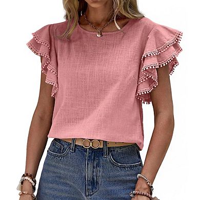 Women's Short Sleeve Blouse with Pom Pom Trim Tiered Ruffle Sleeves Shirts