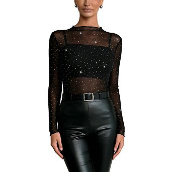 Women's Sheer Mesh Top Long Sleeve Crew Neck Sheer Sparkly Blouse Party Club Top