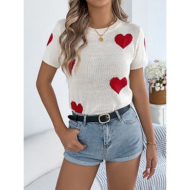 Women's Heart Print Knit Top Crew Neck Short Sleeve Casual Sweater