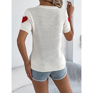 Women's Heart Print Knit Top Crew Neck Short Sleeve Casual Sweater