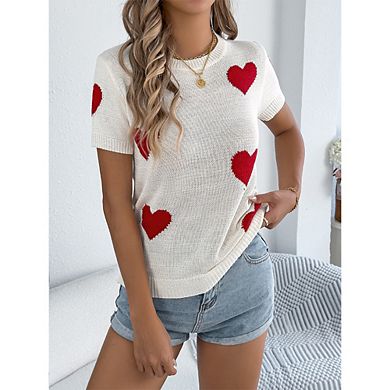 Women's Heart Print Knit Top Crew Neck Short Sleeve Casual Sweater
