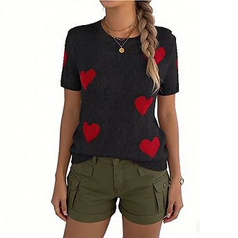 Women's Heart Print Knit Top Crew Neck Short Sleeve Casual Sweater