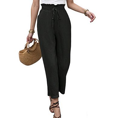 Women's High Waist Drawstring Ruffled Waistband Cropped Length Wide Leg Pants