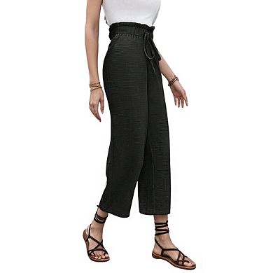 Women's High Waist Drawstring Ruffled Waistband Cropped Length Wide Leg Pants