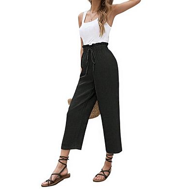 Women's High Waist Drawstring Ruffled Waistband Cropped Length Wide Leg Pants