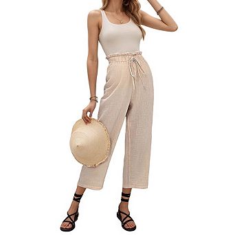 Women's High Waist Drawstring Ruffled Waistband Cropped Length Wide Leg Pants