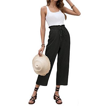 Women's High Waist Drawstring Ruffled Waistband Cropped Length Wide Leg Pants
