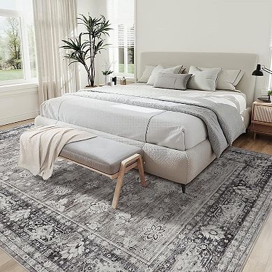 Washable Area Rug Vintage Distressed Accent Carpet with Non-Slip Backing Stain-Resistant