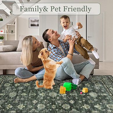 Washable Area Rug Vintage Distressed Accent Carpet with Non-Slip Backing Stain-Resistant