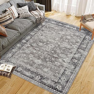 Washable Area Rug Vintage Distressed Accent Carpet with Non-Slip Backing Stain-Resistant